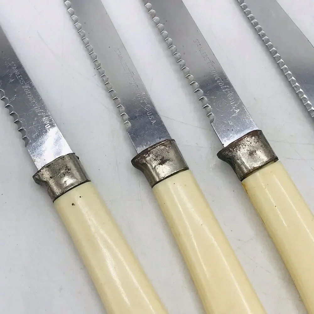 Lot of 4 VTG Stainless Ivory Handle Kitchen Steak Knives 3 Forgecraft 1 Quikut